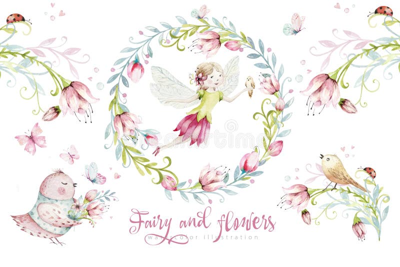 Cute Fairy character watercolor illustration on white background. Magic fantasy cartoon pink design. Cute Fairy character watercolor illustration on white background. Magic fantasy cartoon pink design