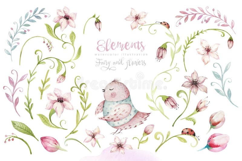 Cute Fairy character watercolor illustration on white background. Magic fantasy cartoon pink fairytale design. Baby girl