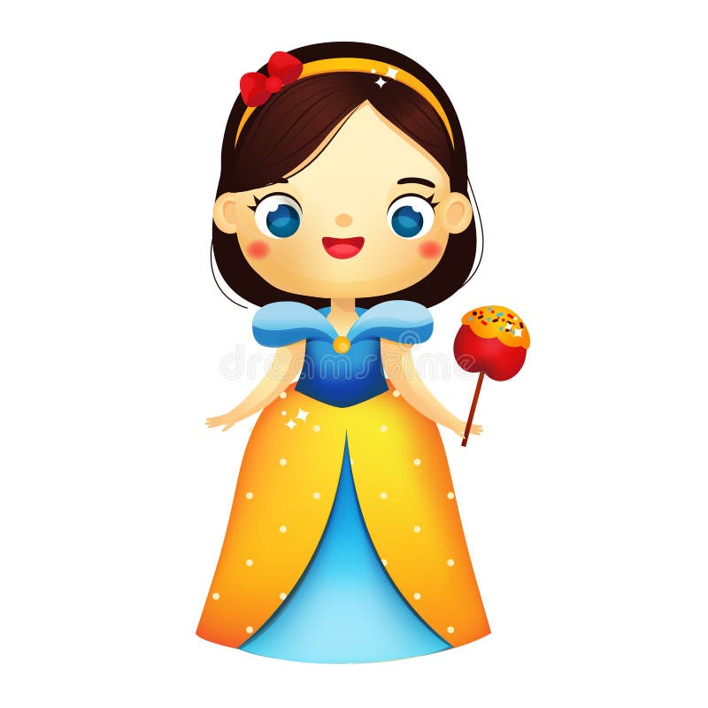 Cute fairy princess with apple. Cartoon girl in beautiful dress. Snow White fairy tale character