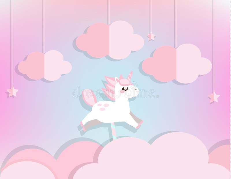 Fairy Unicorn in Pink Clouds and Stars in Soft Blue Sky ...