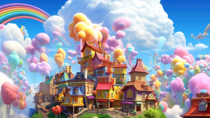 Cute fairytale inspired town on a hill, rainbow and colored clouds, image vector illustration.