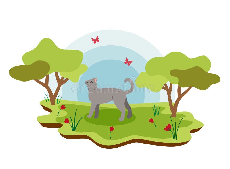 Cute Farm Animals Cat with Spring Landscape. Vector Cartoon