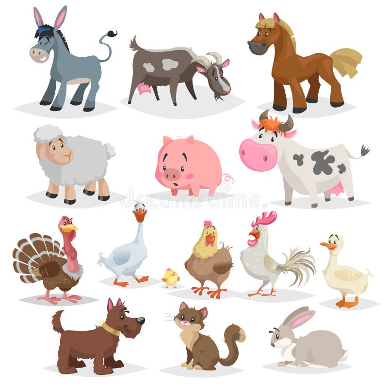 Cute farm animals set. Collection of cartoon vector drawings in flat style. stock illustration