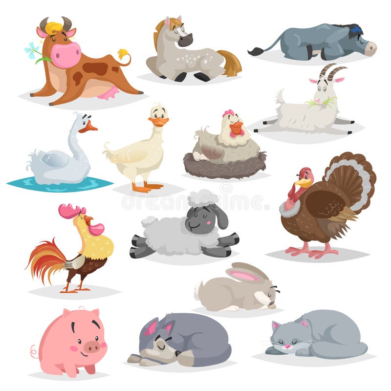 Cute farm animals set. Collection of cartoon vector drawings in flat style. Donkey, goat, horse, sheep, pig, cow, turkey, duck, rooster and hen, goose, dog, cat, rabbit. Various poses. Sleeping animals. Isolated on white background.