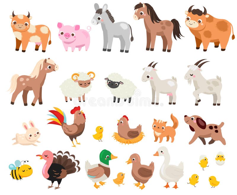 Cute farm. Big set of cartoon farm animals and pets for kids and children. Cow, horse, pig and many other vector illustration
