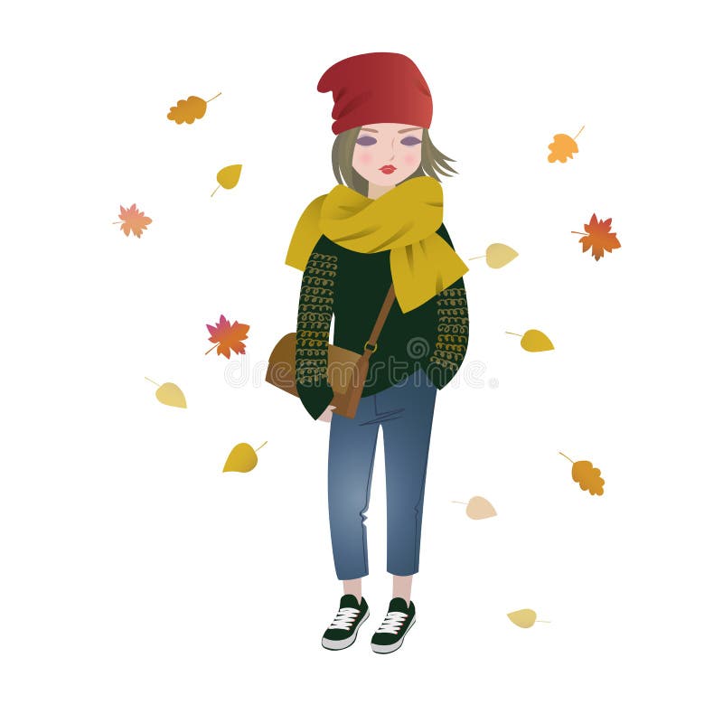 Cute Fashion Cartoon Girl Wearing Trendy Autumn Outfit Stock Vector ...