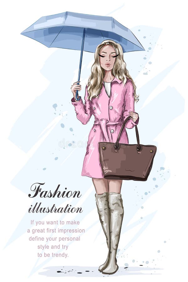 Cute fashion girl with umbrella. Stylish beautiful woman in fashion clothes. Hand drawn fashion model. Sketch.