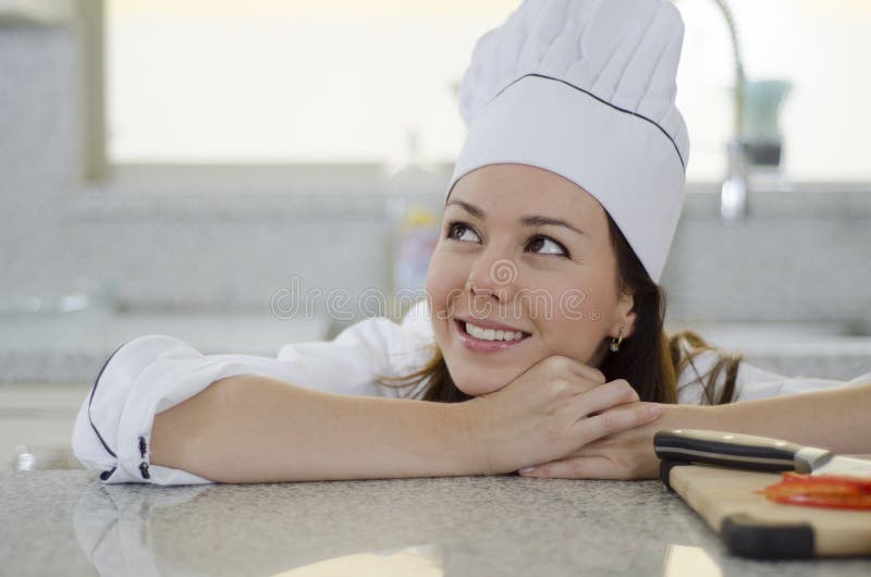 Cute Female Chef Daydreaming Stock Image - Image of copy, looking: 34489265