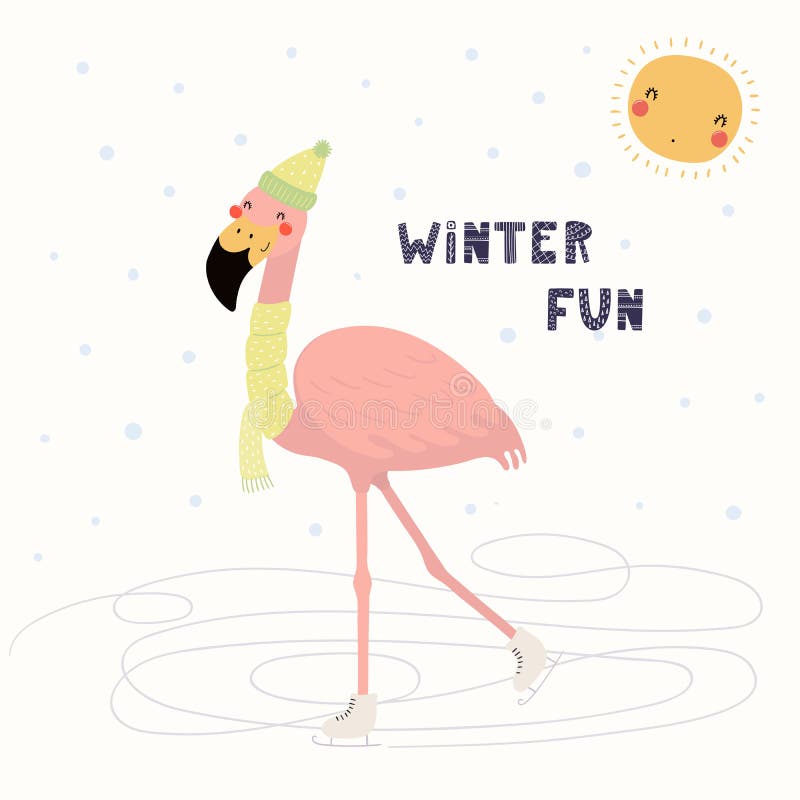 Cute flamingo skating in winter stock illustration