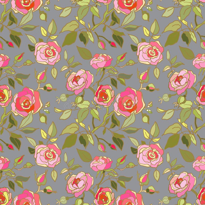 Cute floral pattern of pink roses flowers. Seamless print with garden flowers on grey background. Vintage collection. Vector