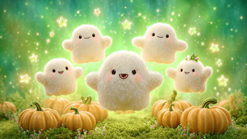 Cute Fluffy Ghosts Floating Over Pumpkins in a Magical Forest Setting royalty free illustration