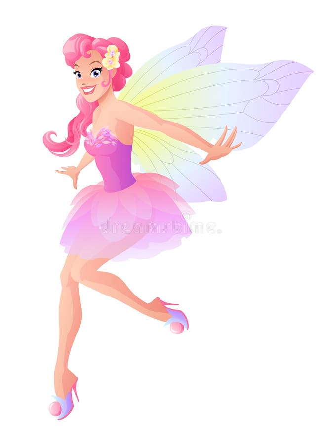 Cute flying fairy in pink flower dress with butterfly wings. Cartoon style vector illustration isolated on white background.