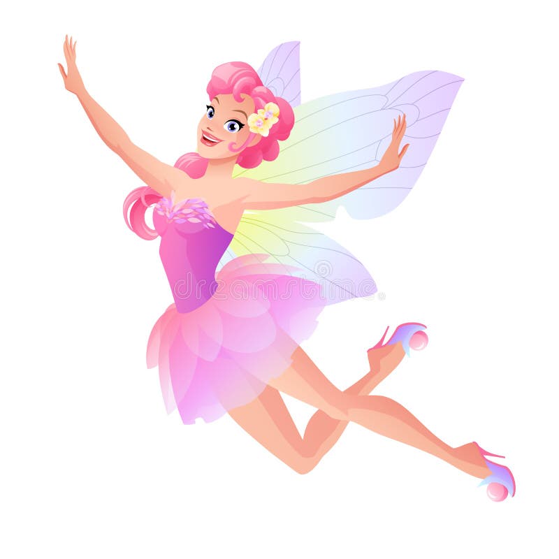 Cute flying fairy in pink petal dress with butterfly wings. Cartoon style vector illustration isolated on white background.