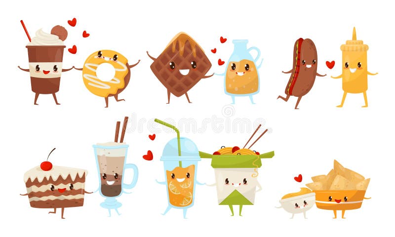 Cute Food and Drinks Cartoon Characters Best Friends Set, Delicious Fast  Food Menu Dises with Funny Faces Vector Stock Vector - Illustration of  noodles, cafe: 165807062
