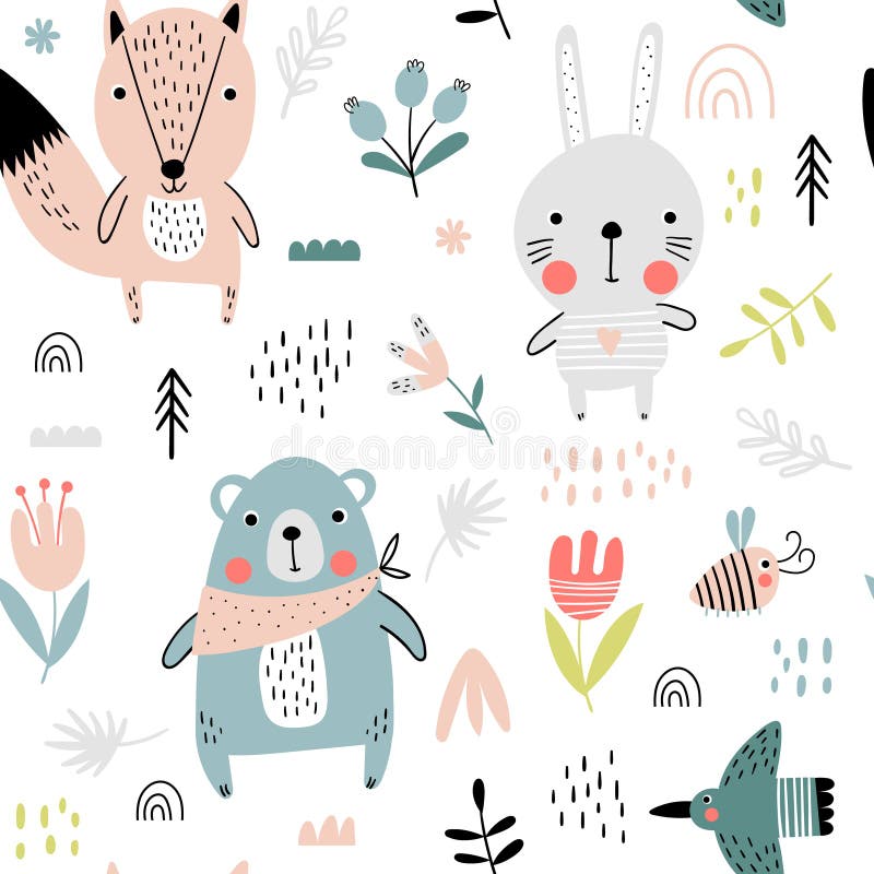 Cute forest animals seamless pattern vector illustration