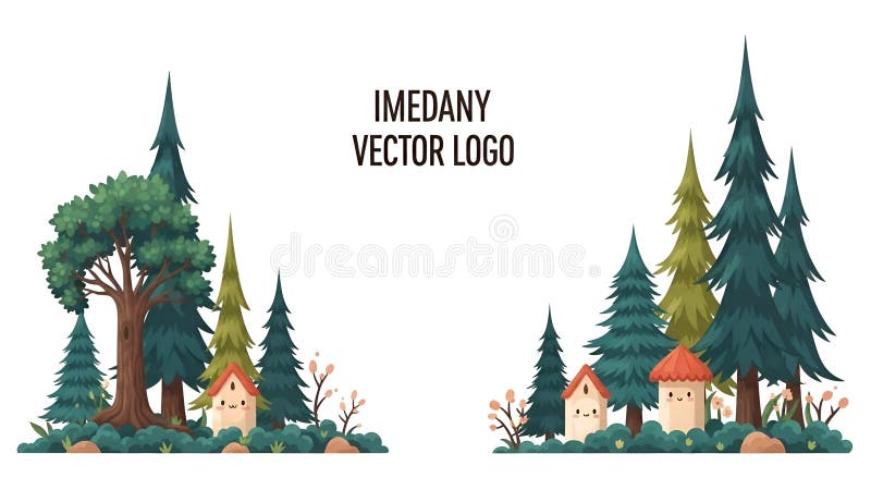 Adorable vector logo design featuring a cute forest scene. The illustration includes trees, tiny houses with faces, bushes, and other nature elements, perfect for branding, children's designs, or whimsical projects. Logo spruce illustrations