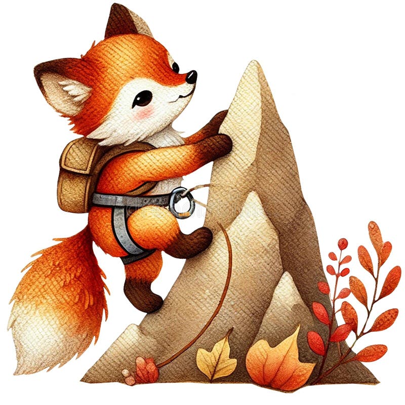 A cute fox climbs a mountain, showcasing adventure and nature in vibrant autumn colors royalty free illustration