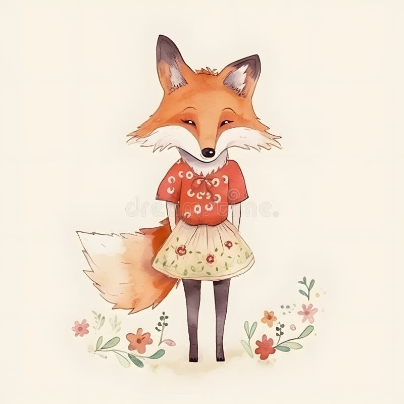 Cute Fox in a Red Blouse and a Beige Skirt with Flowers, Boho Style ...