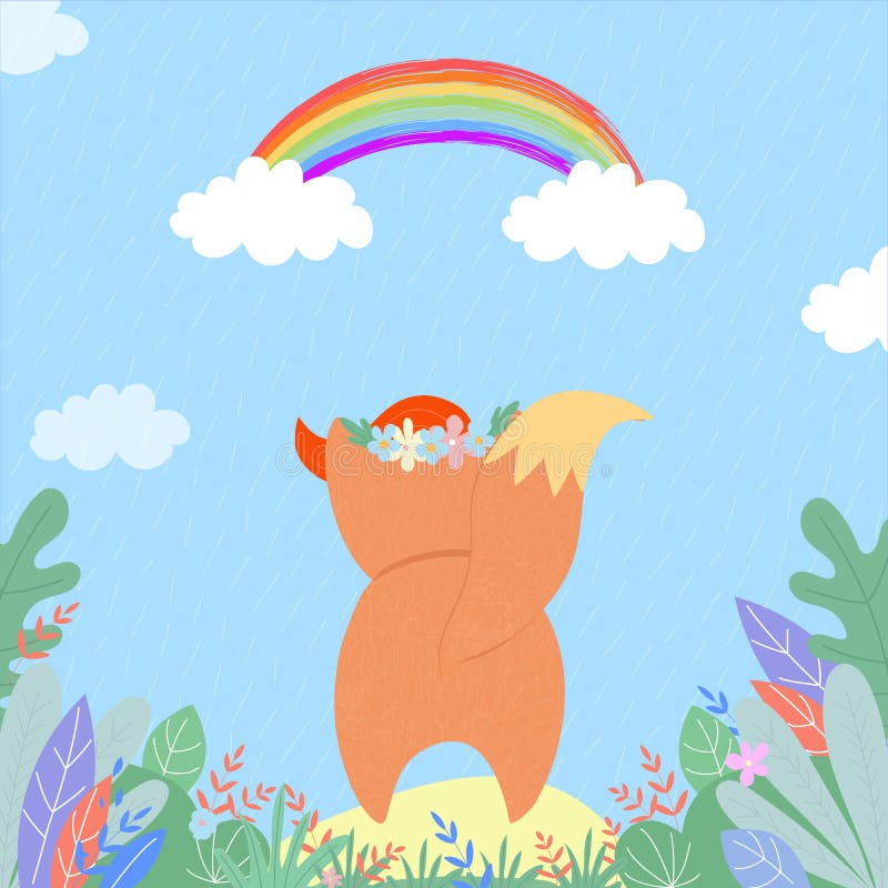 Cute fox watching on rainbow under summer rain vector illustration Cute fox watching on rainbow under summer rain vector illustration