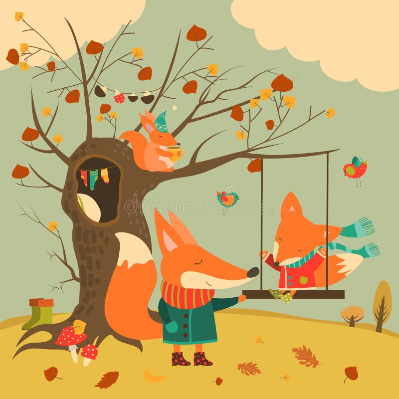 Cute foxes ride on a swing in the autumn forest stock illustration