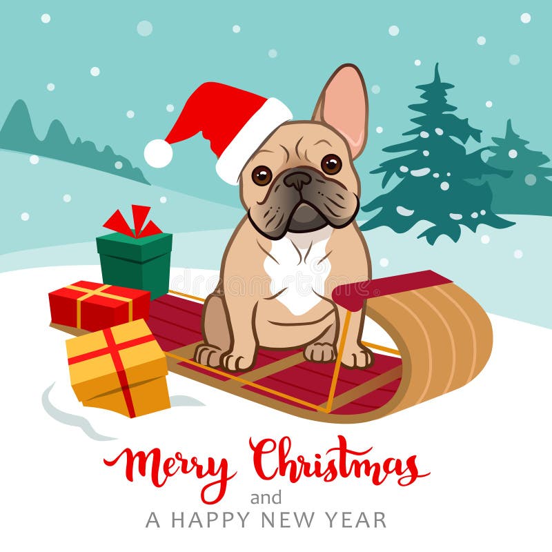 Cute french bulldog puppy sitting on sled wearing Santa hat with Christmas gifts around, snowy hills with trees in background