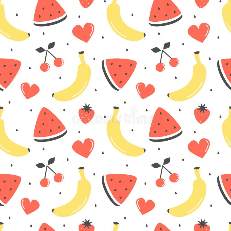 Cute cartoon black and white vector unicorn with pretzel for coloring artcute fresh summer fruits seamless vector pattern backgrou