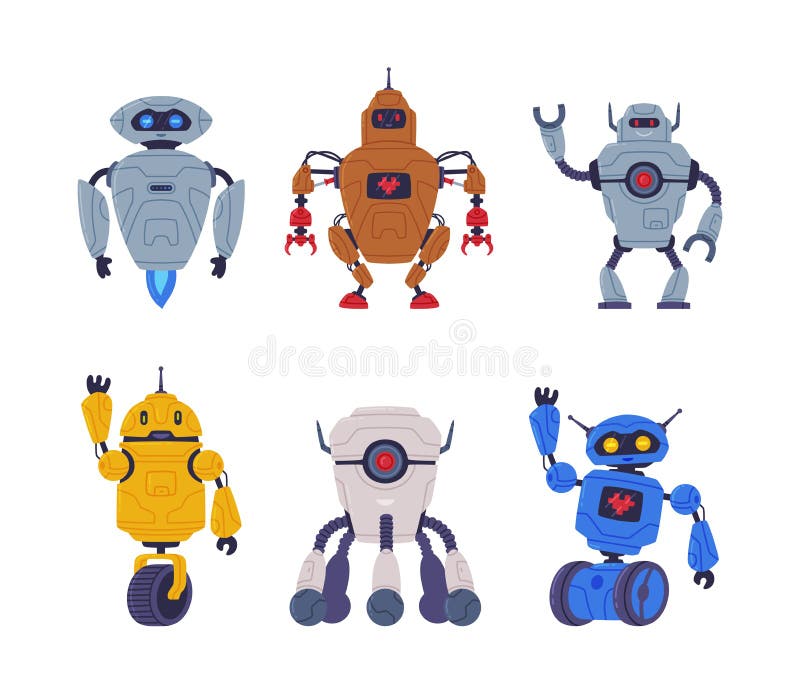 Cute friendly robots set. Cyborgs on wheels. Artificial intelligence technology cartoon vector illustration stock illustration