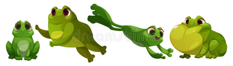 Cute frog cartoon character sitting and jumping. Green toad in different poses. Vector illustration set of funny friendly smiling pond animal. Childish happy swamp creature. Amphibian mascot. Tadpole cute vectors