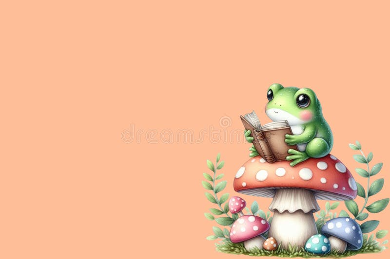 Cute frog reading a book peach fuzz color background