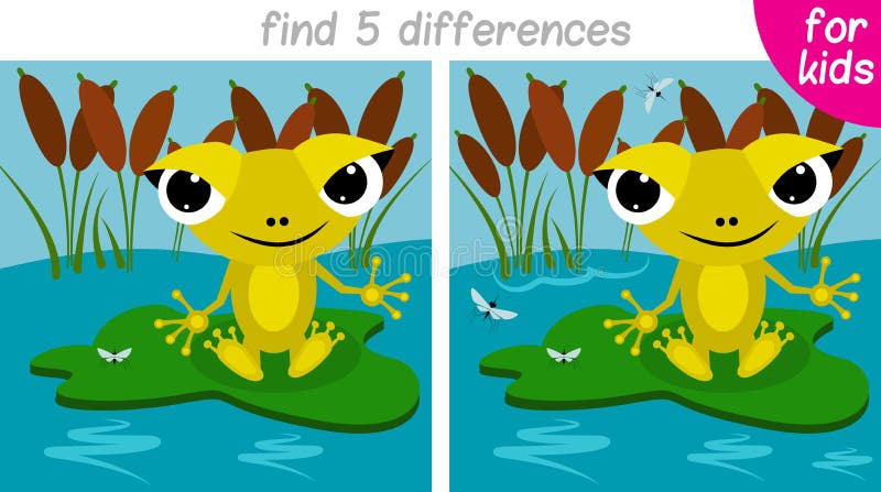 Cute frog sits on a green leaf. Logic game for children. You need to find 5 differences