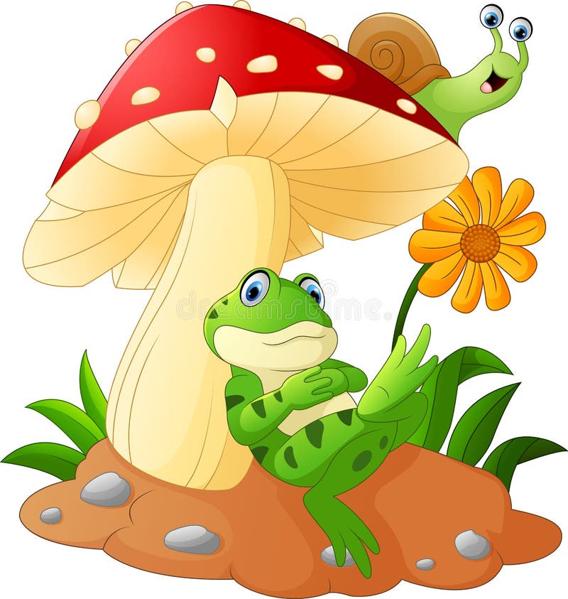 Cute frog and snail cartoon with mushrooms stock illustration