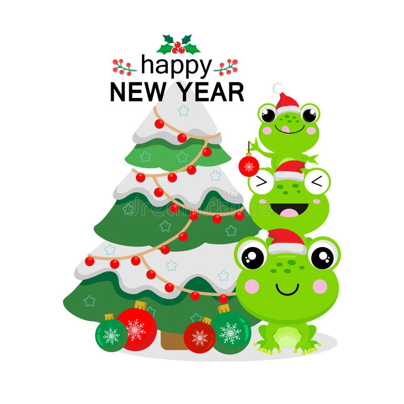 Cute Frogs Wearing Christmas Hat decorate Christmas tree vector illustration