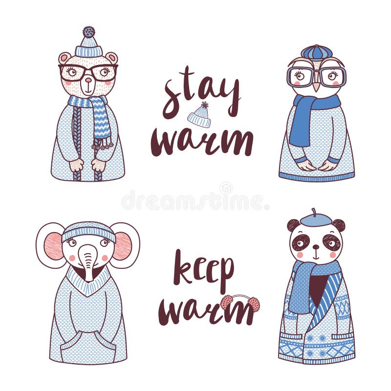 https://thumbs.dreamstime.com/b/cute-funny-animals-knitted-hats-sweaters-hand-drawn-vector-illustration-owl-bear-panda-elephant-text-stay-warm-keep-102385017.jpg