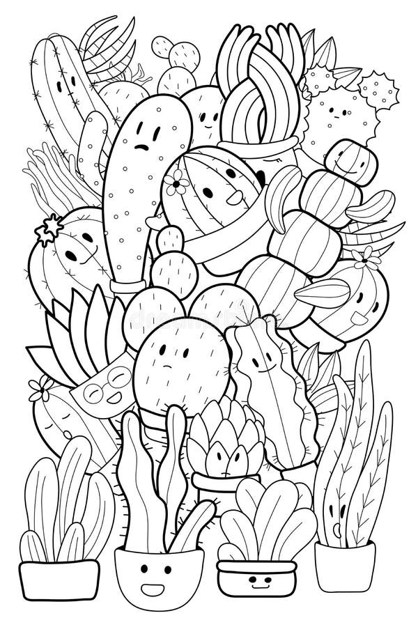 Cute Funny Cacti. Character. Coloring Book. Vector Illustration. Stock ...