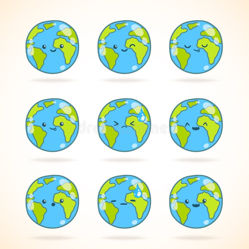 Cute funny cartoon Earth globe with face emotions