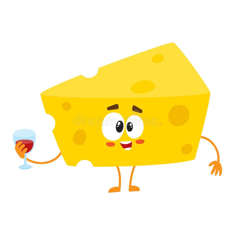 Cute and funny cheese chunk character holding glass of wine vector illustra...