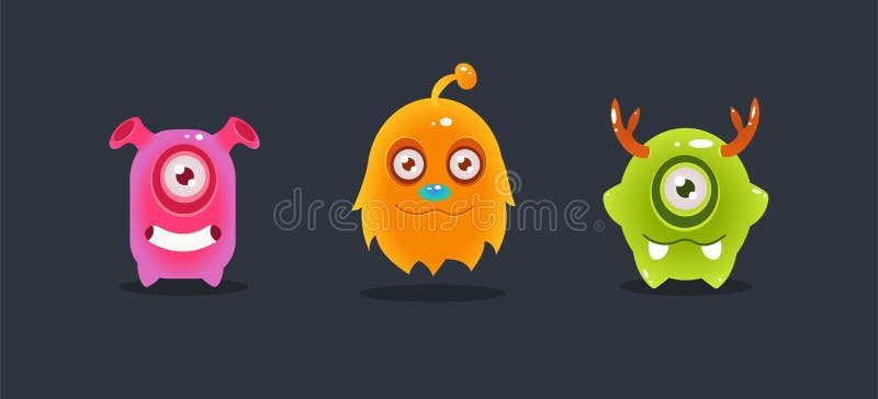 Cute funny colorful monsters, funny aliens, game user interface element for video computer games vector Illustration royalty free illustration