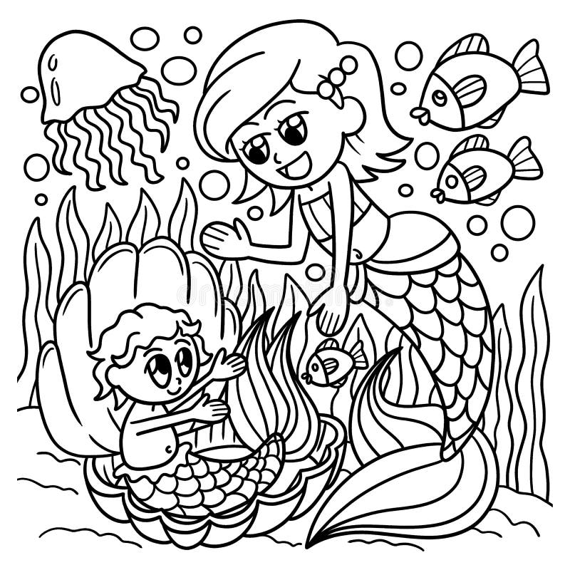 Mermaid with a Baby Coloring Page for Kids Stock Vector - Illustration ...