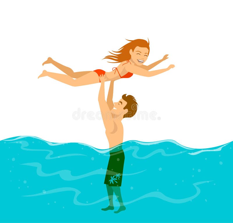 Cute funny couple having fun in a pool, guy lifting up a girl above the water.