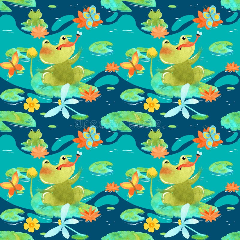 Cute funny green frog, toad watercolor illustration with eggs and tadpole seamless pattern. Isolated on white background. Tadpole cute illustrations