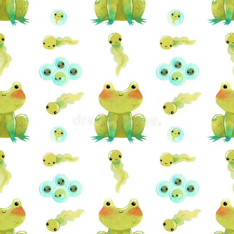 Cute funny green frog, toad watercolor illustration with eggs and tadpole seamless pattern. White background. Tadpole cute illustrations