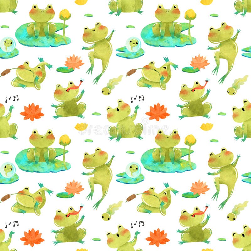 Cute funny green frog, toad watercolor illustration with eggs and tadpole seamless pattern. White background. Tadpole cute illustrations