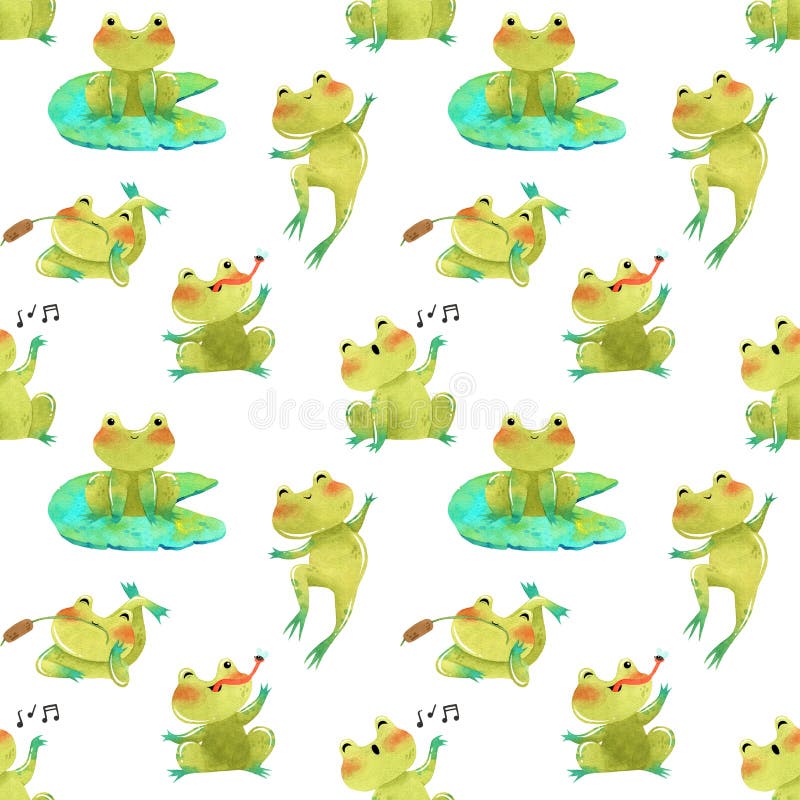 Cute funny green frog, toad watercolor illustration with eggs and tadpole seamless pattern. White background. Tadpole cute illustrations