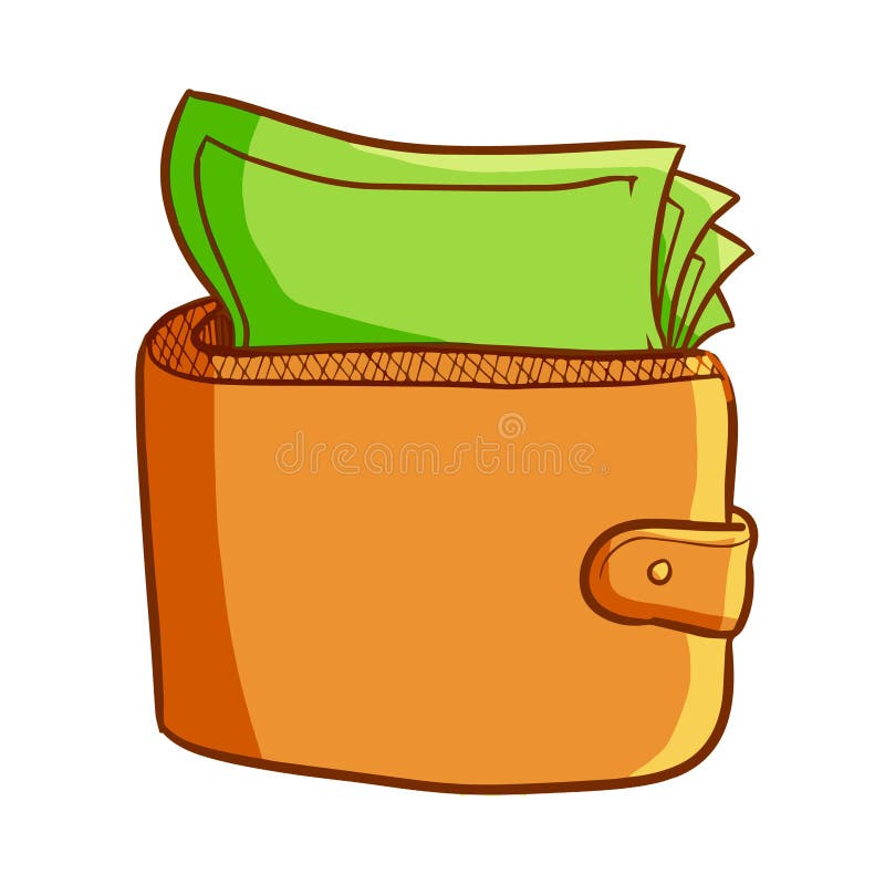 Cute and Funny Brown Wallet Filled with Money Vector. Stock Vector