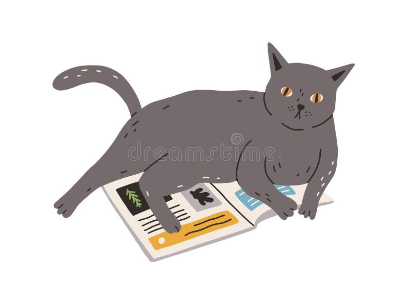 Cute and funny naughty cat lying on book. Adorable gray kitty isolated on white background. Hand-drawn colored flat royalty free illustration