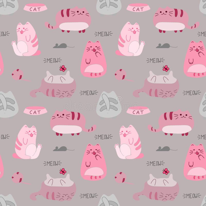 Cute funny seamless pattern with cats and accessories