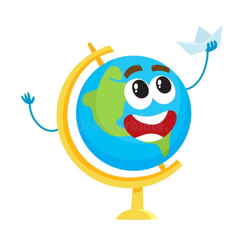 Cute, funny smiling school globe character holding toy paper boat