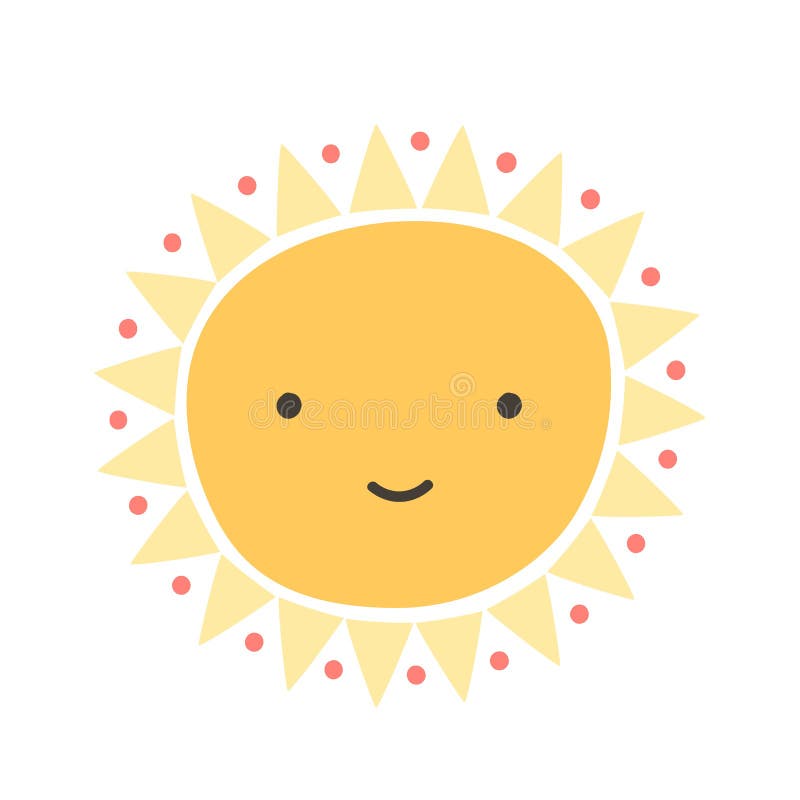 Cute funny sun with smiling face isolated on white background. Happy adorable sunny. Summer decorative design element