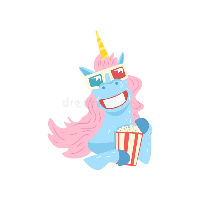 Cute funny unicorn character with 3d glasses and popcorn cartoon vector Illustration on a white background