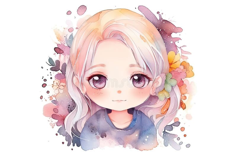 Cute Girl Anime Kawaii Watercolor Ilustration AI Generated Stock